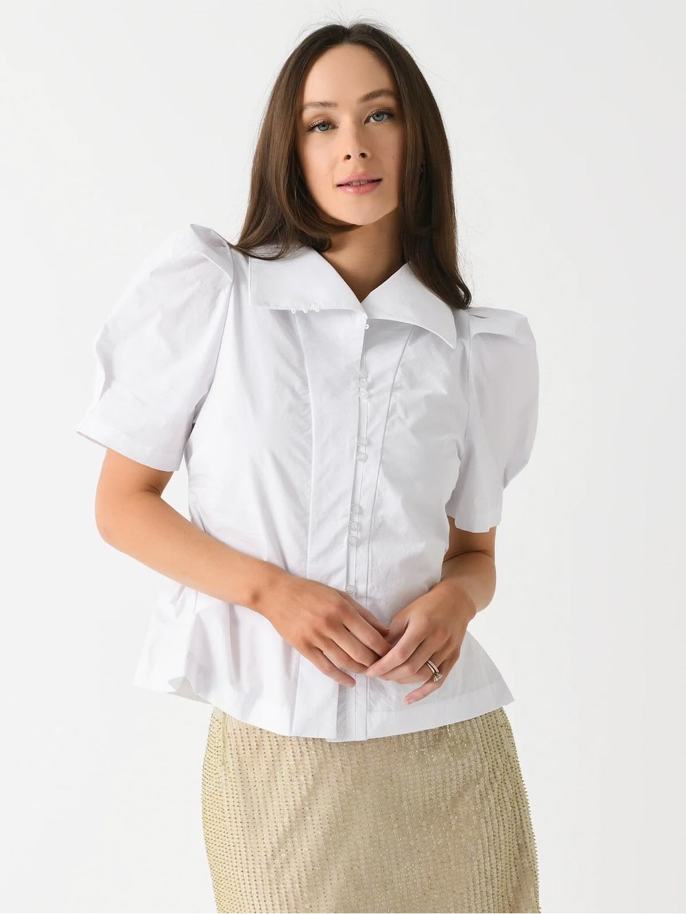 Jag Jeans White Puff-Sleeve Button Front Blouse